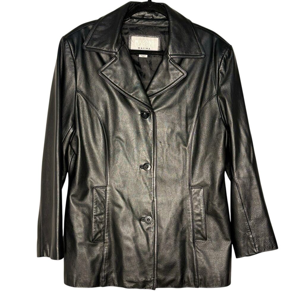 Vintage 90s Wilsons Maxima Women's Genuine Leather Button Up Coat Black Size L